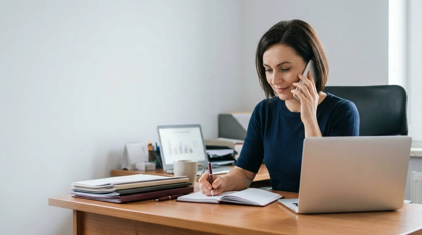Księgowa rozmawia z klientem przez telefon przy biurku w biurze rachunkowym