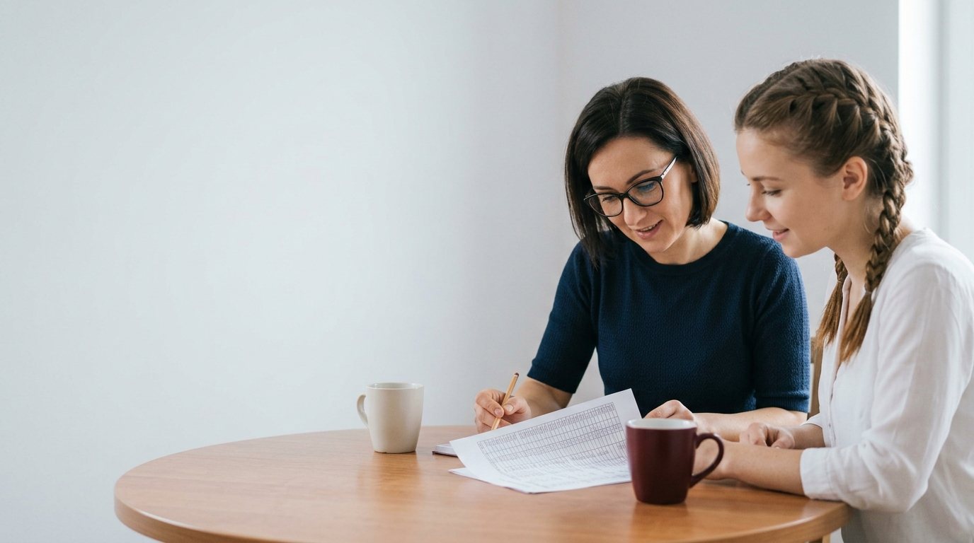Dwie kobiety rozmawiają przy stole o zakładaniu firmy